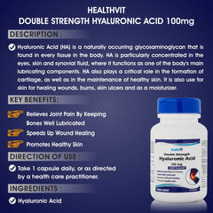 Healthvit Double Strength Hyaluronic Acid 100 mg, 60 Capsules| Support healthy connective tissue and joints - Promote youthful healthy skin