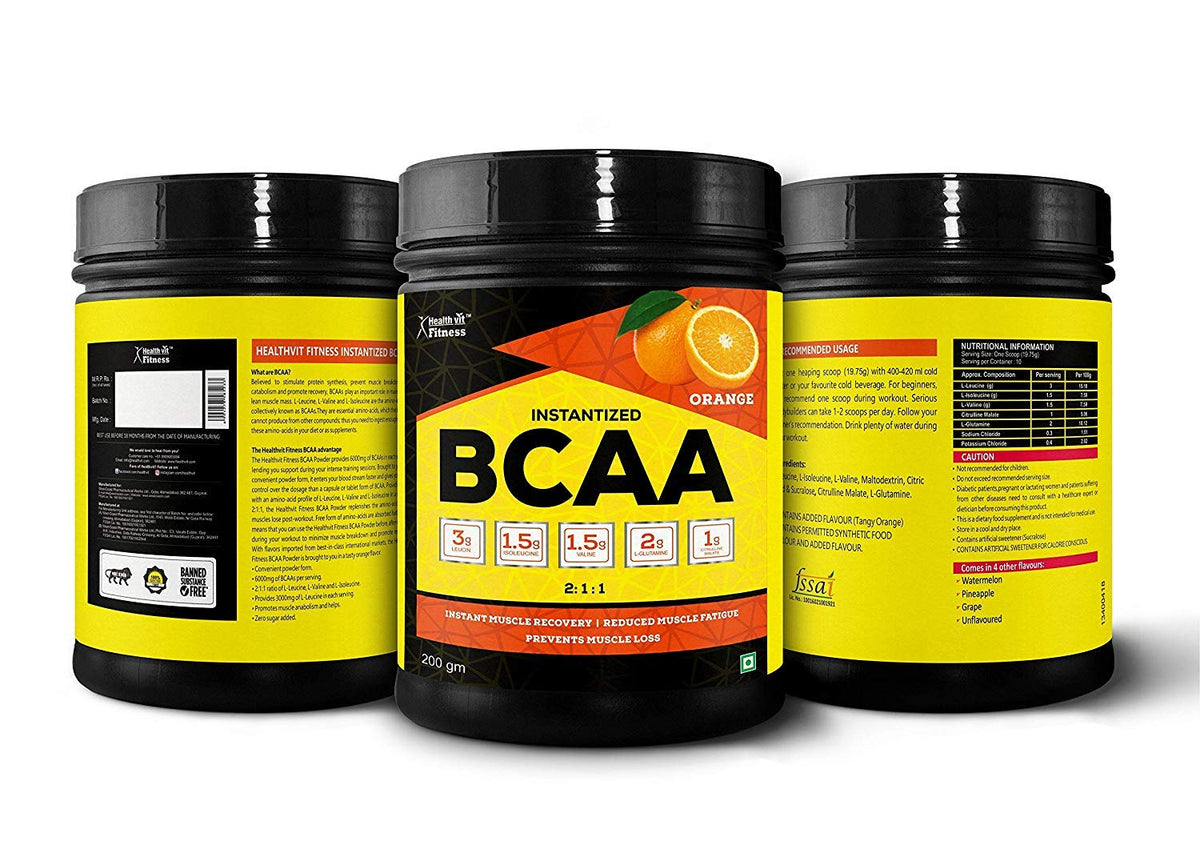 Healthvit Fitness BCAA 6000mg 2:1:1 with L-Glutamine & L-Citrulline Malate, 200g powder (Pack of 10 Servings) Orange Flavor