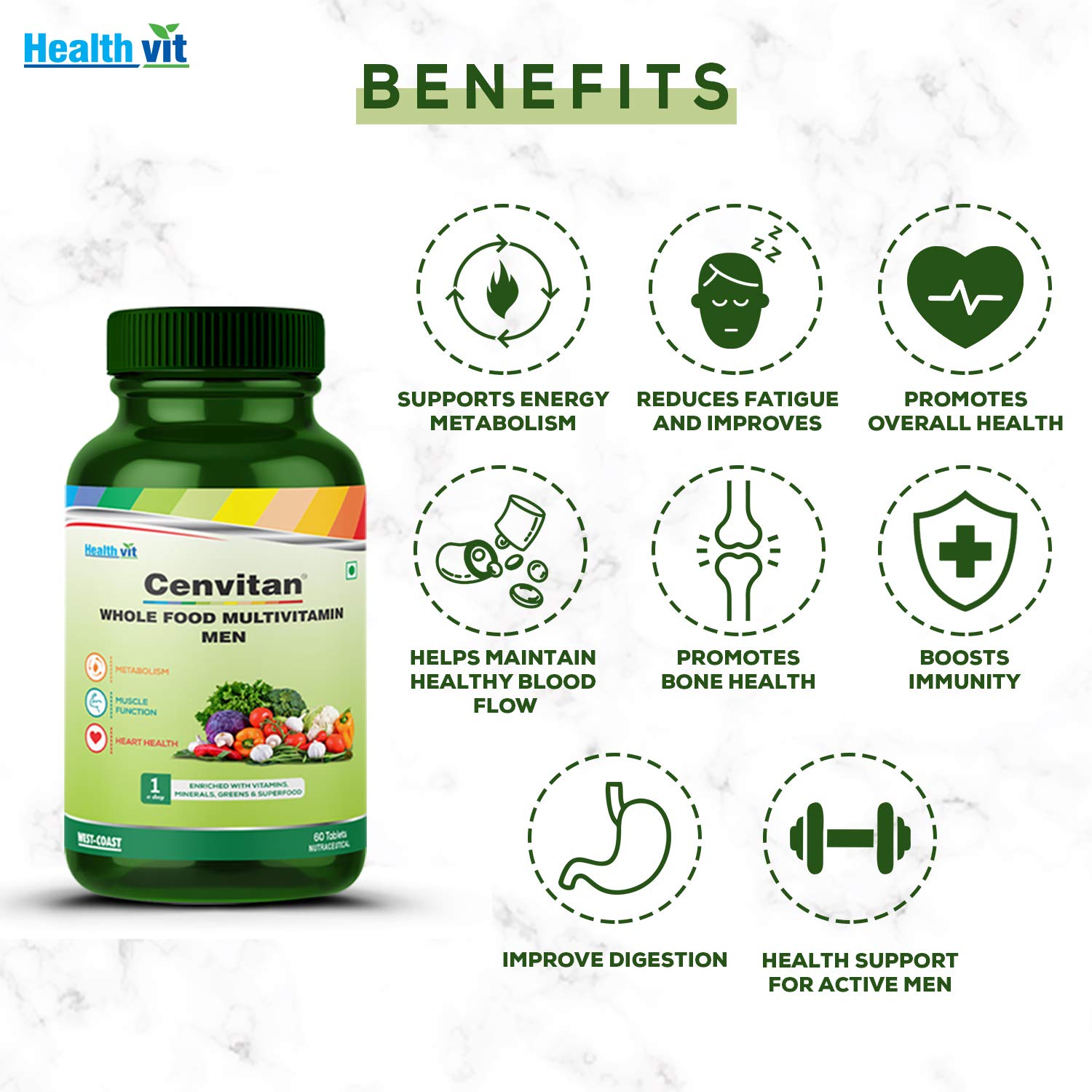 Healthvit Cenvitan Plant Based Whole Food Multivitamin for Men | Enriched with Vitamins Minerals Greens, Vegetables, Superfood, Fruits & Herbs Supplement For Immunity, Heart & Eye Health – 60 Tablets