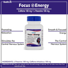 Healthvit Focus & Energy Caffeine 100mg + L-Theanine 100mg | Promoting Relaxation | Smooth & Focused Energy | Stimulates The Nervous System | Reduce Mental Stress | Support Clam Mood | 60 Capsules