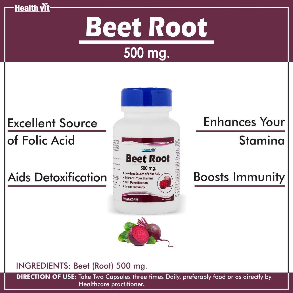 Healthvit Beet Root 500mg - Excellent Source Of Folic Acid | Healthy Heart, Endurance, Nitric Oxide Boosting Supplement | Boosts Immunity & Your Stamin | 60 Capsules