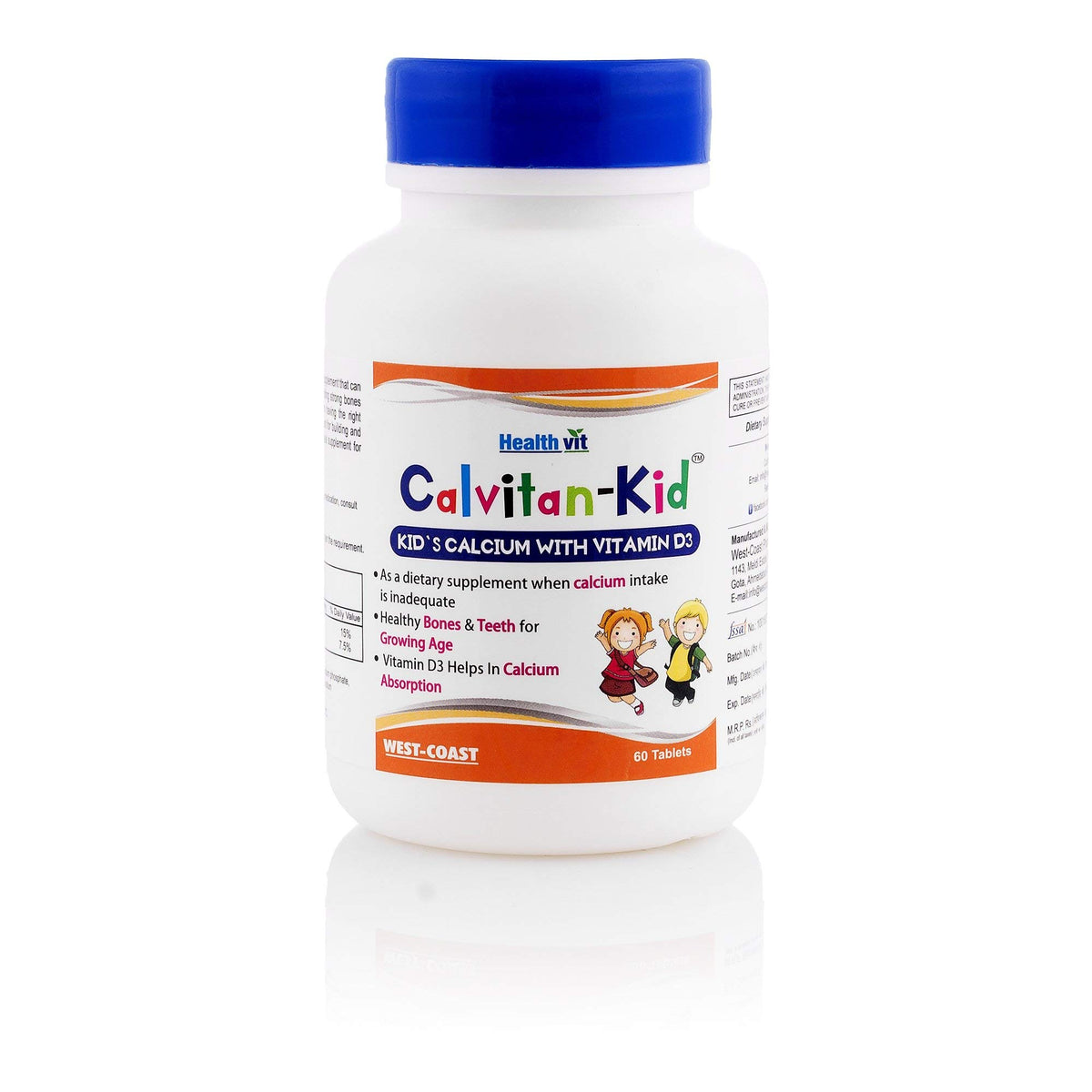 Healthvit Kid's Calcium with Vitamin D No Sugar Chewable Tablets | Promotes Bone Health and Growth | Idea Supplement For Kid's Growing Age | 100% RDA - 60 Tablets