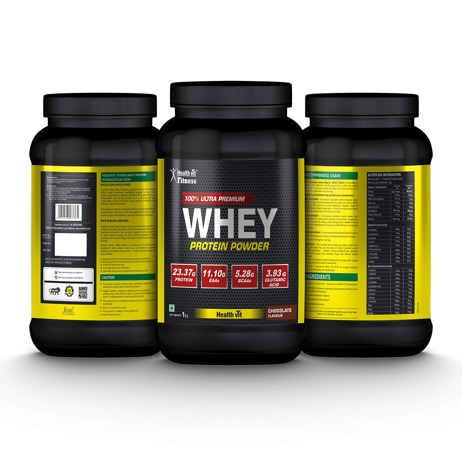 Healthvit Fitness 100% Ultra-Premium Whey Protein | 1kg / 2.2lbs (Chocolate Flavor)