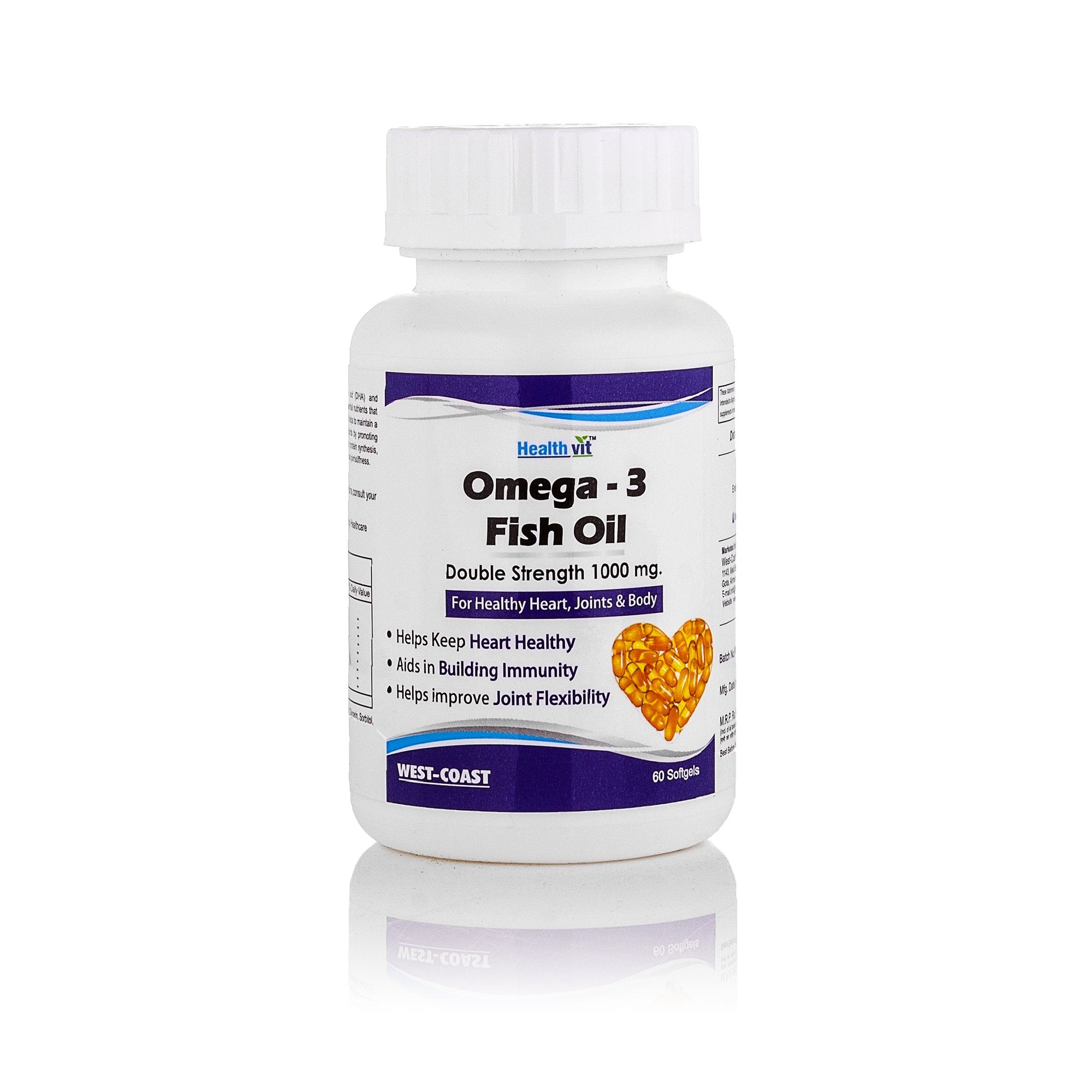 Healthvit Omega 3 Fish Oil Double Strength (EPA & DHA) 1000mg 60 Softgels for Healthy Heart, Joints & Body