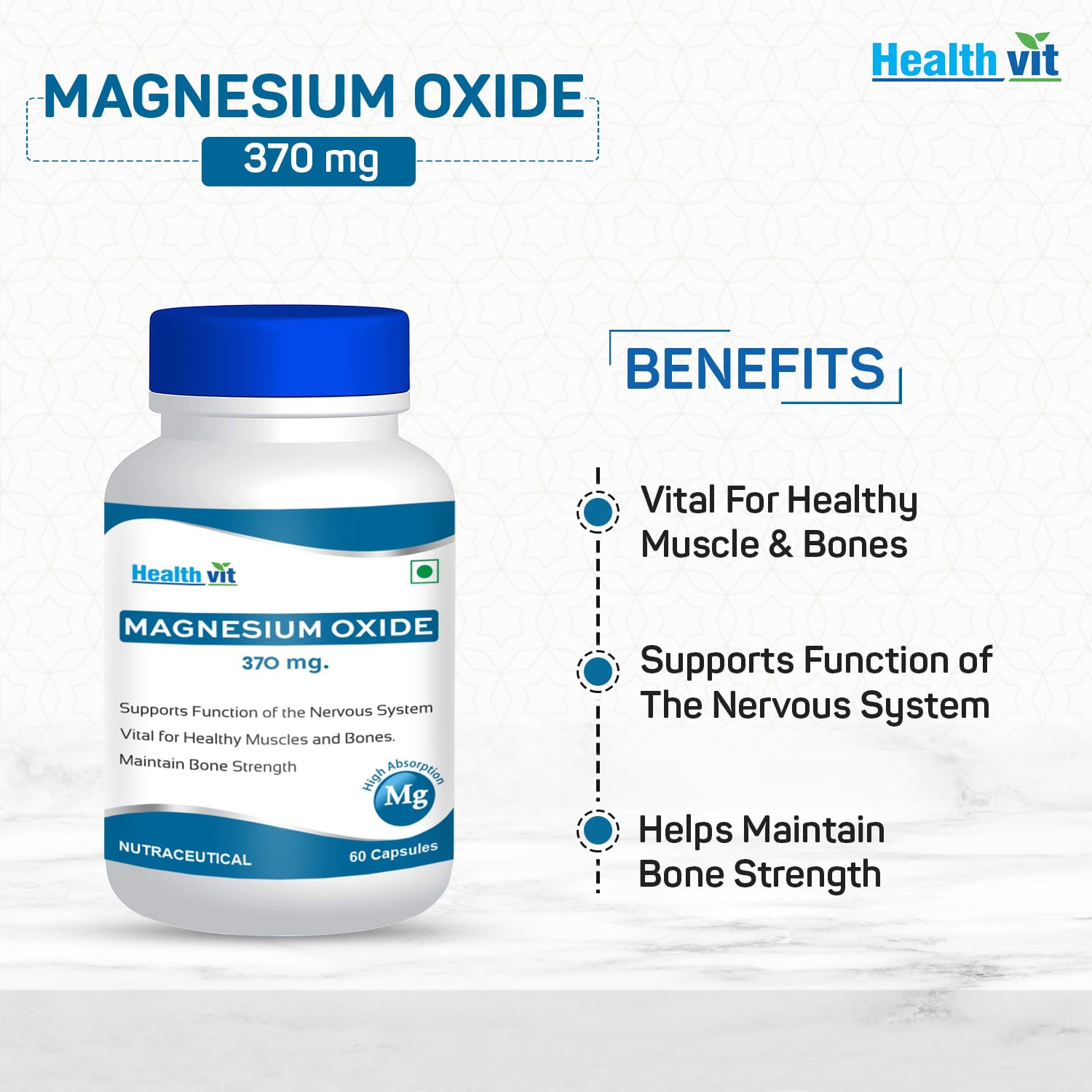 Healthvit Magnesium Oxide 370mg For Energy Metabolism | Support Bone Formation | Support Nervous System | Vegan And Gluten Free | 60 Capsules
