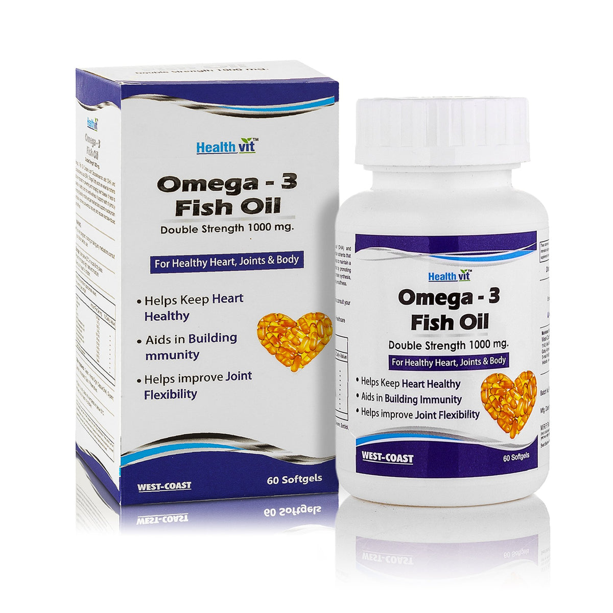 Healthvit Omega 3 Fish Oil Double Strength (EPA & DHA) 1000mg 60 Softgels for Healthy Heart, Joints & Body