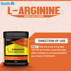 Healthvit Fitness L-Arginine Amino Acid Powder | Improve Blood Flow|Increase Nitric Oxide|Better Workout Performnace|Increases Protein Synthesis|Vegan And Banned Substance Free|200gm (Unflavoured)