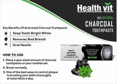Healthvit Activated Charcoal Toothpaste For Teeth Whitening, Best Natural Whitener, Fluoride Free, Sulfate Free Mint Flavour (100g) - Pack of 2