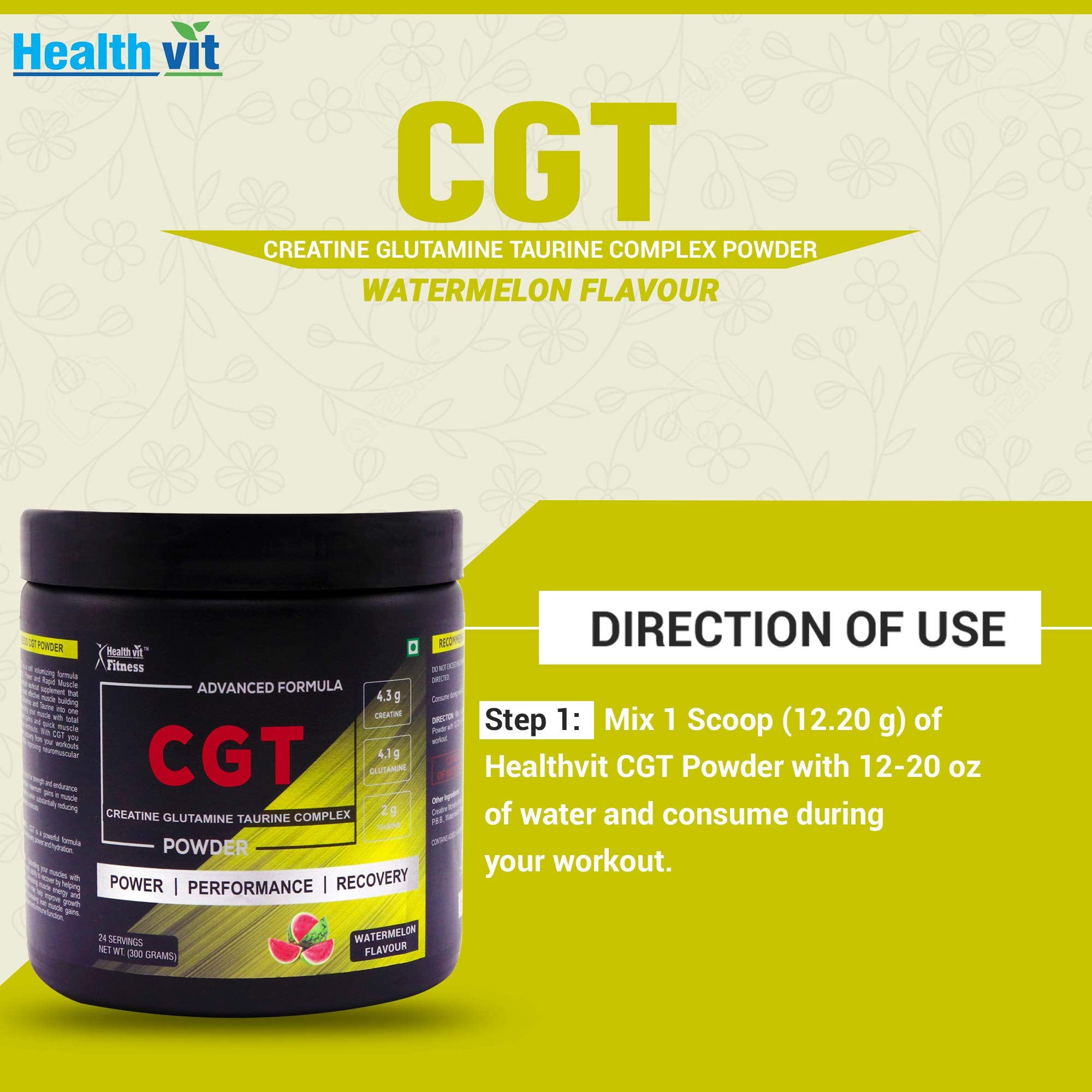 Healthvit Fitness Advanced CGT Powder - Creatine 4.3gm Glutamine 4.1gm Taurine 2gm Complex | Helps In Muscles Recovery | Supports Muscle Gain | Performance & Endurancen | Boost Performance | Vegan And Banned Substance Free | 300gm (Waternelon Flavor)